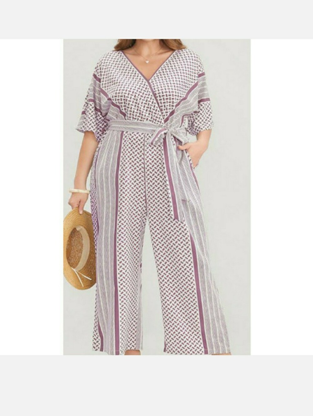 Bloomchic Geometric Contrast Dolman Sleeve Belted Faux Wrap Jumpsuit 18/20 Mauve